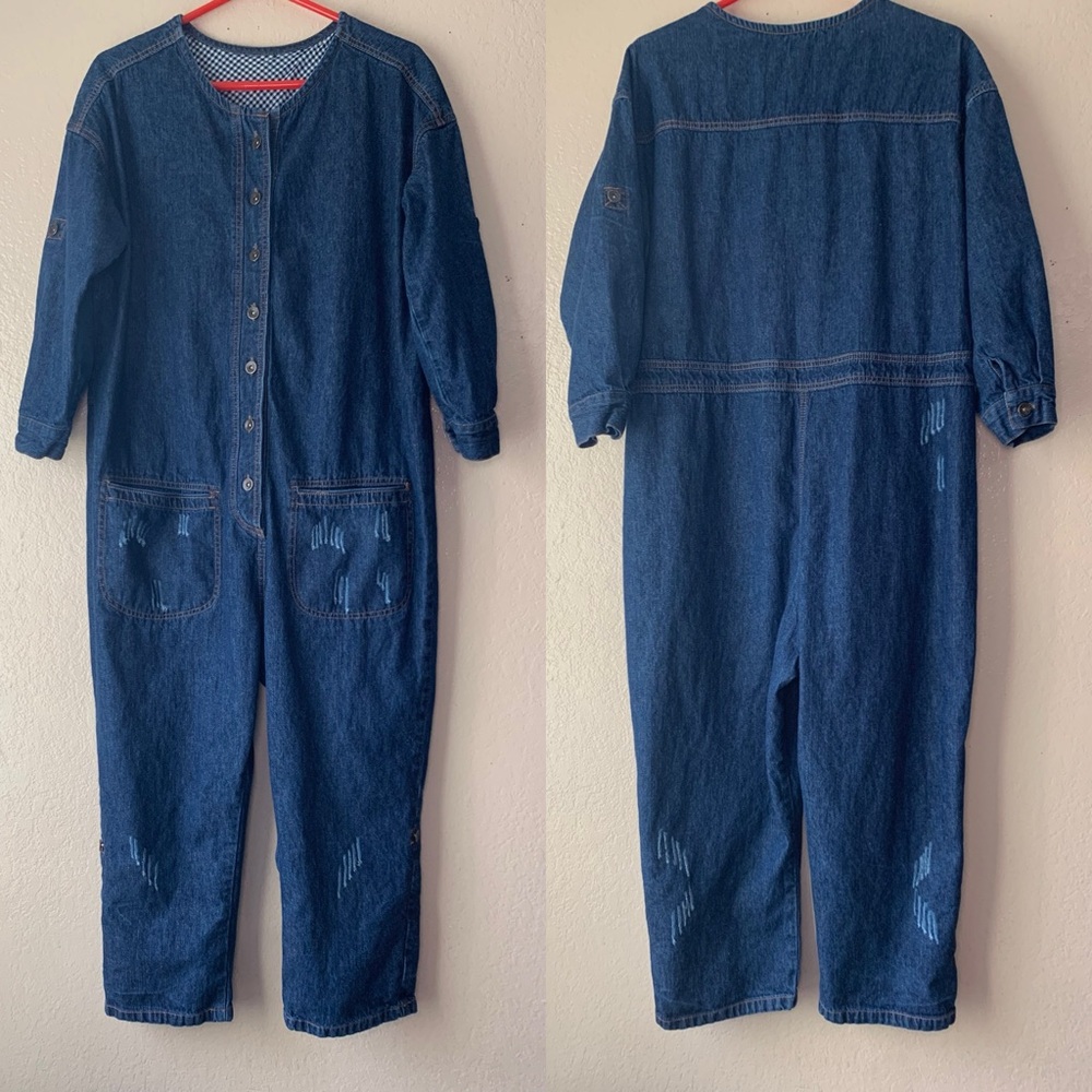 MONTHORIGIN Distressed Minimalist Utility Rolltab Denim Jumpsuit Size M